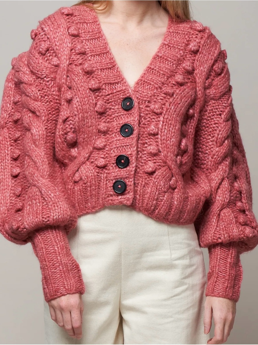 SEA Caden Cable-Knit Puffed-Sleeve Cardigan